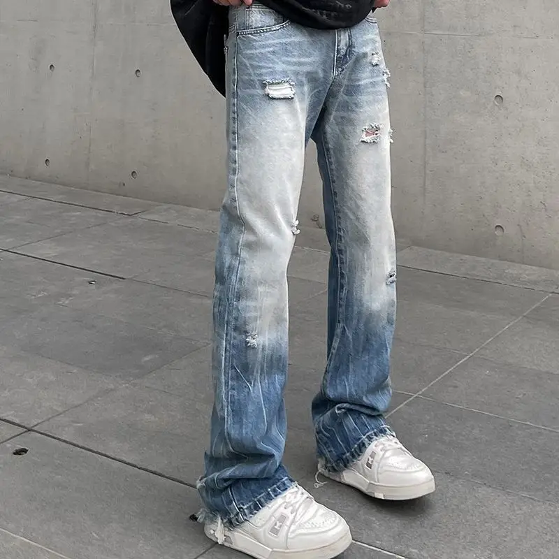 American High Street Distressed Washed Ripped Micro Flare Jeans Men Trendy Brand Loose Straight Casual Denim Trousers