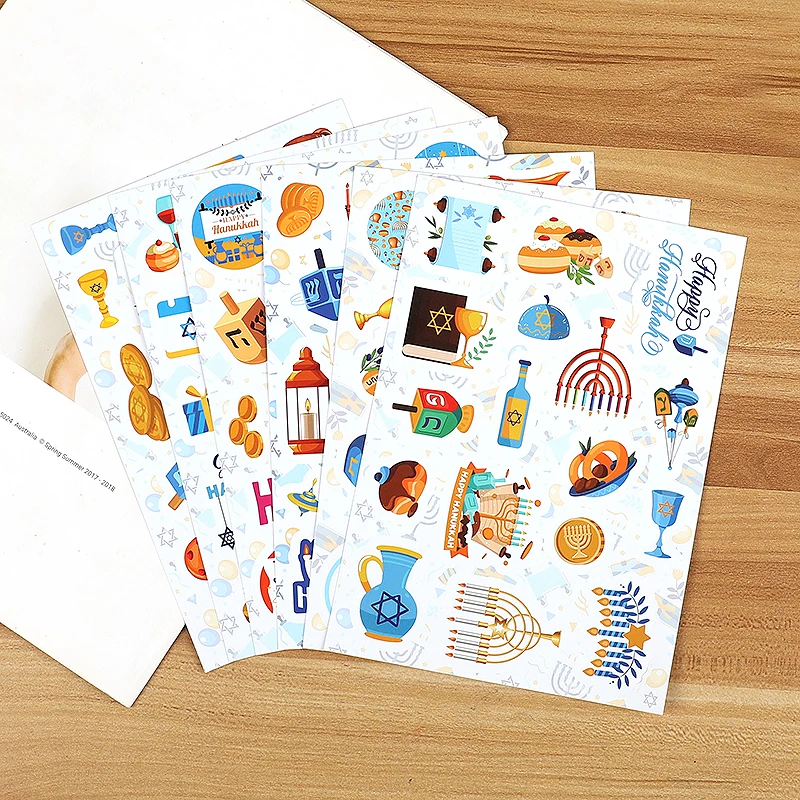 6 أوراق عيد مبارك ملصقات سعيد هانوكا الهدايا التعبئة والتغليف ملصقات الختم رمضان كريم عيد DIY بها بنفسك سجل القصاصات ملصقات هدية ديكور