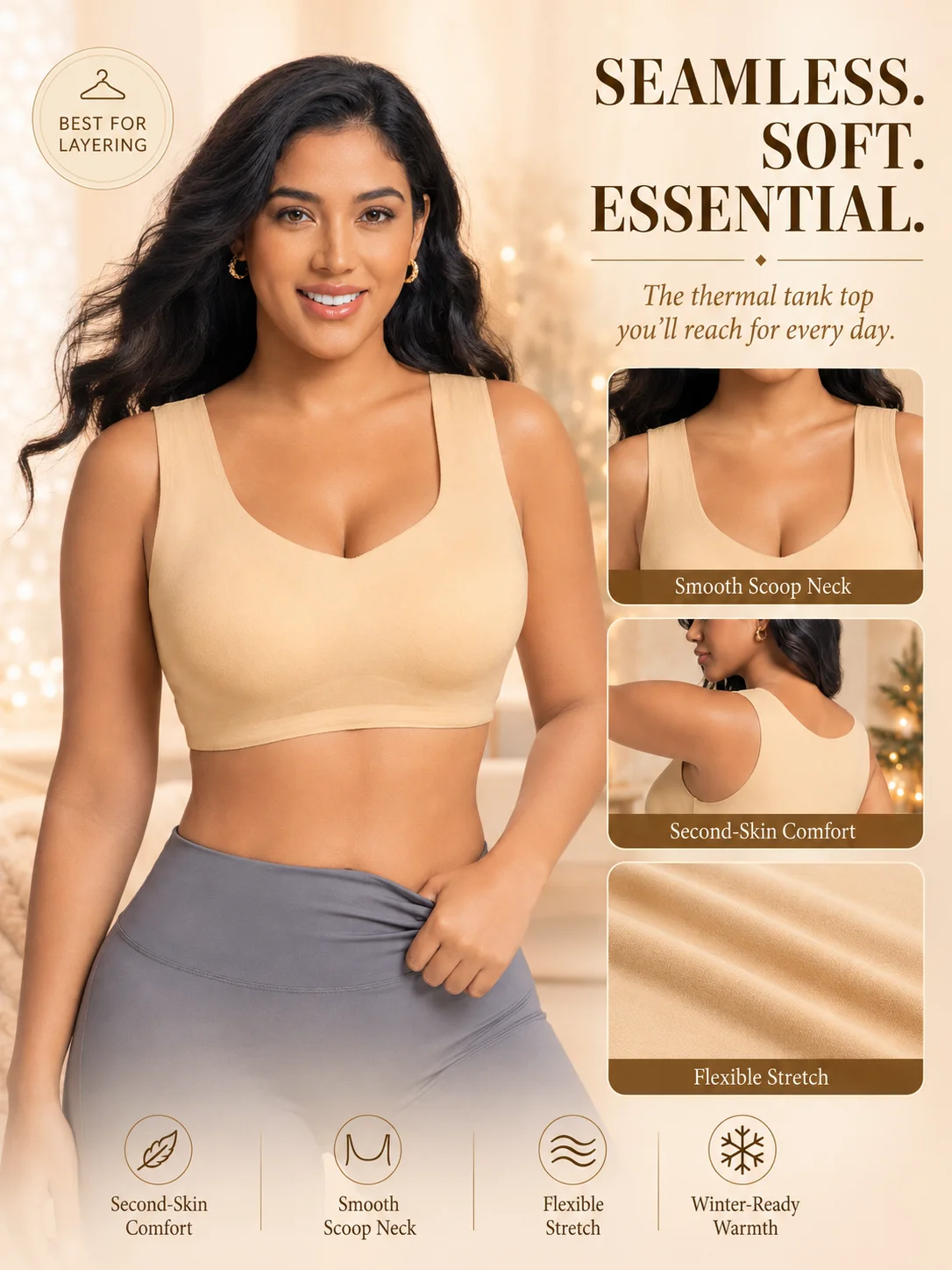 Women's 1 Pack Seamless Thermal Bra Tank Top Fleece-Lined Wireless Removable Pads Comfortable Daily Lingerie forFallWinterWarmth