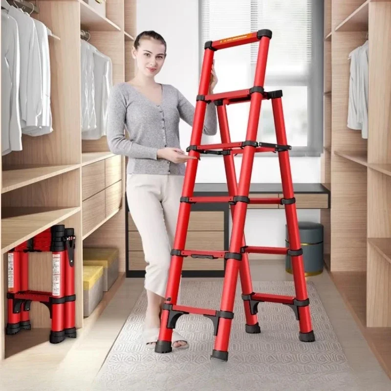 Red Aluminum Folding Step Ladder - Telescoping 4-5 Step Household Stool for Home, Kitchen & Moving, Multifunctional & Portable