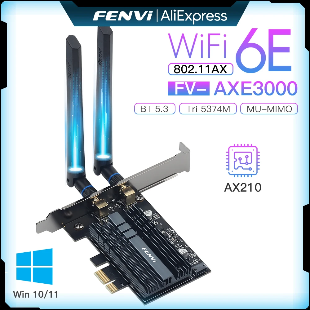 FENVI 5374Mbps WiFi 6E AX210 para Bluetooth 5,3 Tri-Band 2,4G/5G/6Ghz adaptador WiFi PCIe inalámbrico 802.11AX WiFi 6 tarjetas PC Win10/11