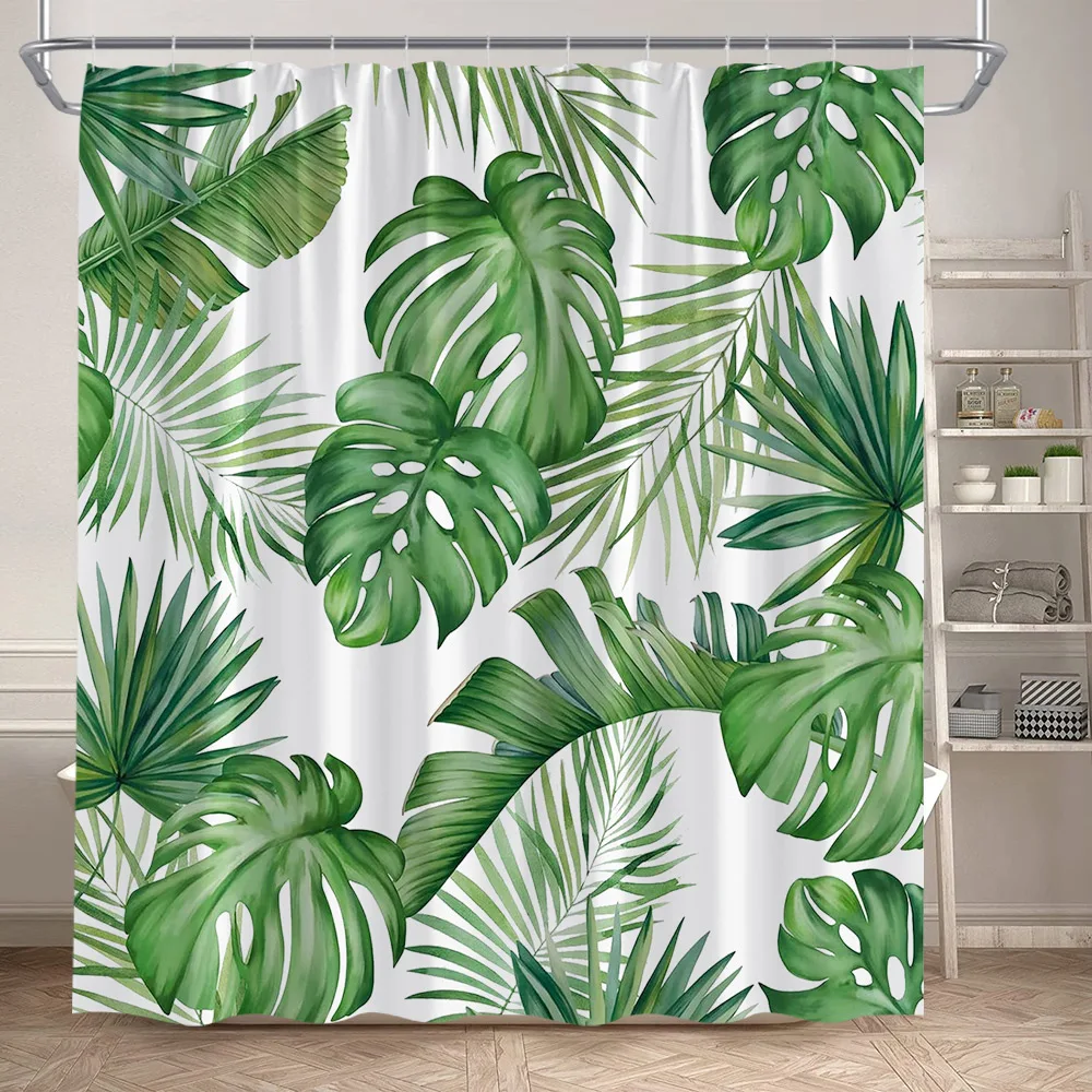 Tropical Leaves Shower Curtain Green Palm Leaf Monstera Plant Bath Curtains Set Polyester Fabric Home Bathroom Decor with Hooks