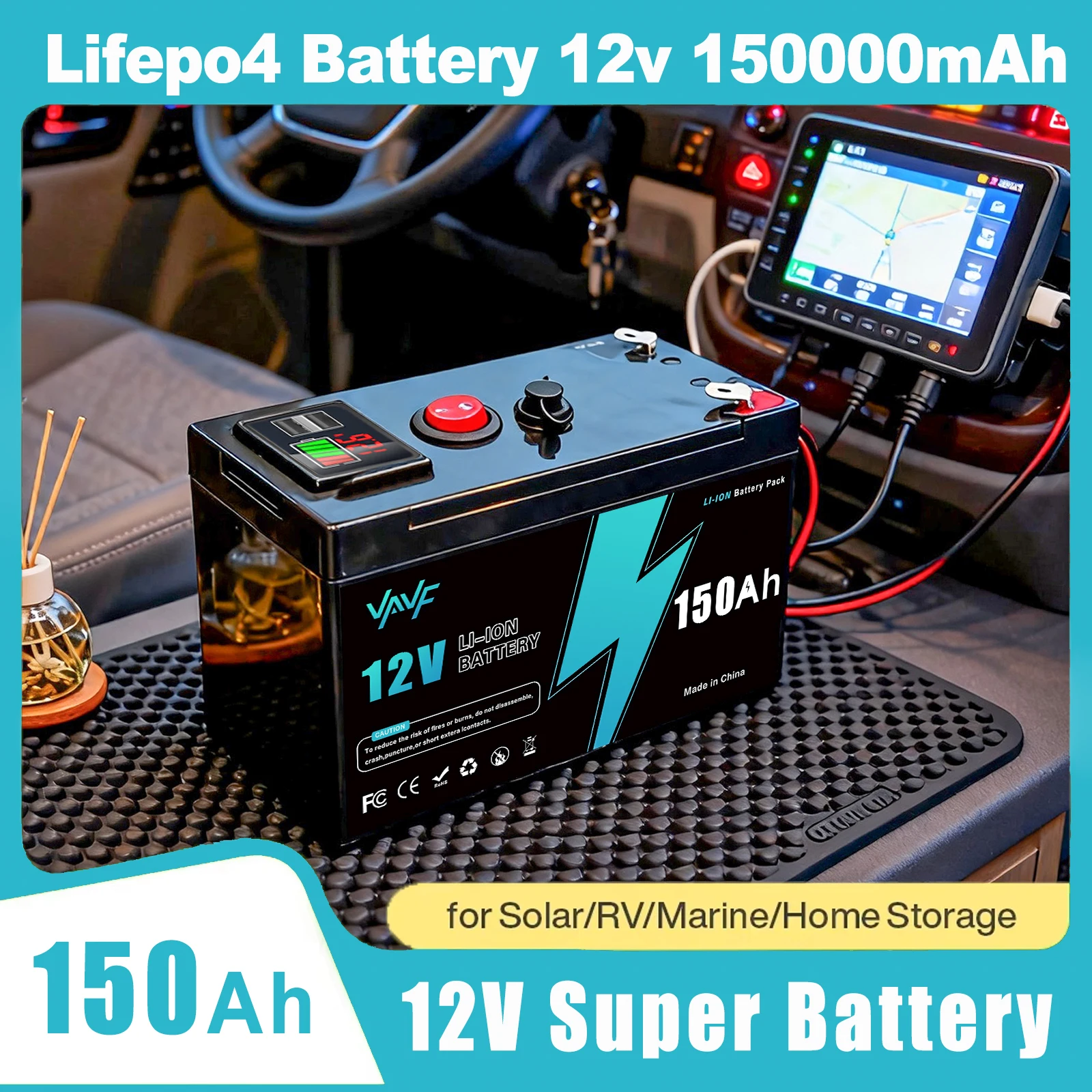 

Литиевая батарея LiFePO4 12 В, 4000+ глубоких циклов, 18650, 150 Ач, встроенная BMS, для солнечной панели, ИБП, эхолота для каяков, силовых колес ⛳️