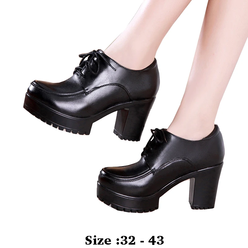 

high quality leather shoe for women 8cm high heel platform round toe 32 33 43 elegant and fashion autumn winter shoe black red