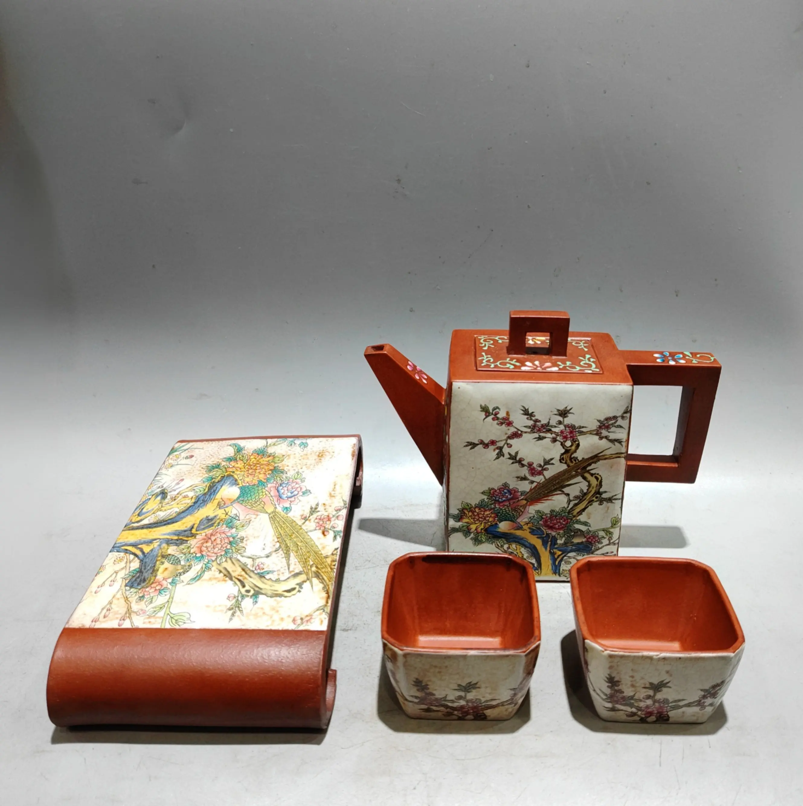 Yixing Purple Clay Pot Painted Plum blossom bird pattern Four sided teapot 2 cups coffee table a set kettle tea ceremony
