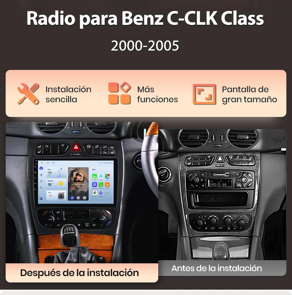 Junsun Kabelloses CarPlay Android Auto Autoradio für Benz C-Klasse CLK W209 A209 2000-2005 Intelligente Fahrzeugsysteme FM Spanisch Lokal – Detail 5
