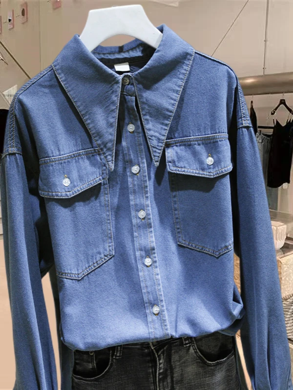 

Hong Kong Sle Loose Long Sve Denim irt Women's Spring Autumn New Faion Outerwear Top Collar Button up Casual
