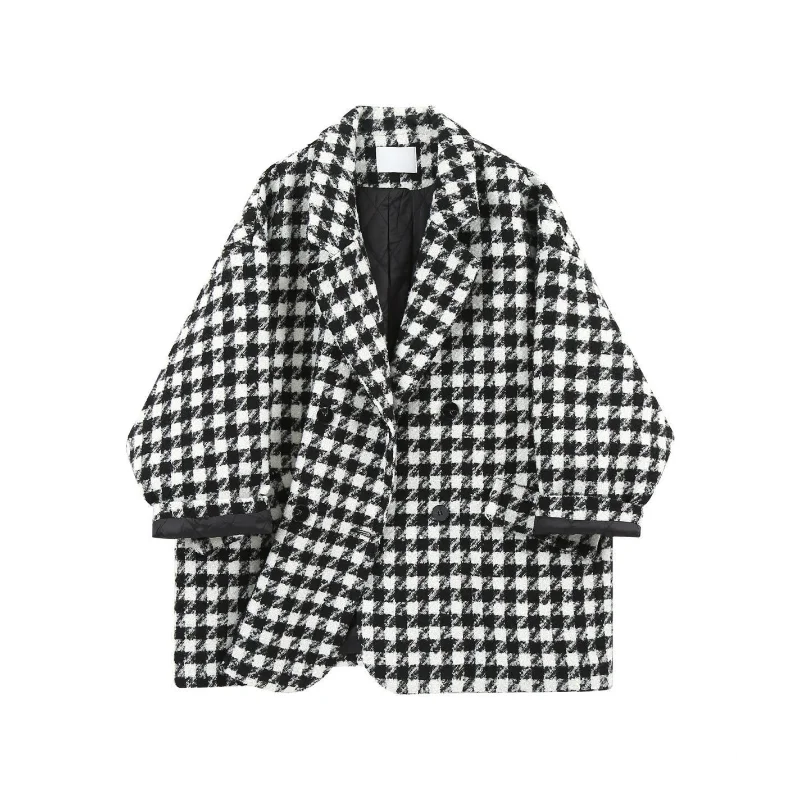 Loose Cotton Thickened Warm Houndstooth Mid-length Tweed Coat Blazer