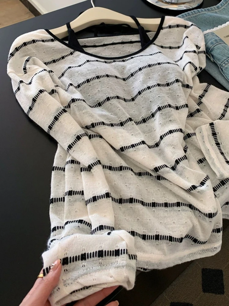 Y2k Long Sleeve T-Shirt Outerwear Strip Layered Match + Solid Cami Top Inner Two-Piece Set Women Casual Thin Blouse 2026