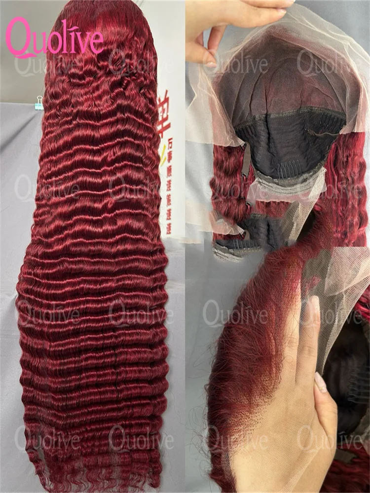 

250% 13x4 Hd Transparent Deep Wave Frontal Wig Colored 99j Burgundy Deep Curly Lace Front Human Hair Wigs Preplucked For Women