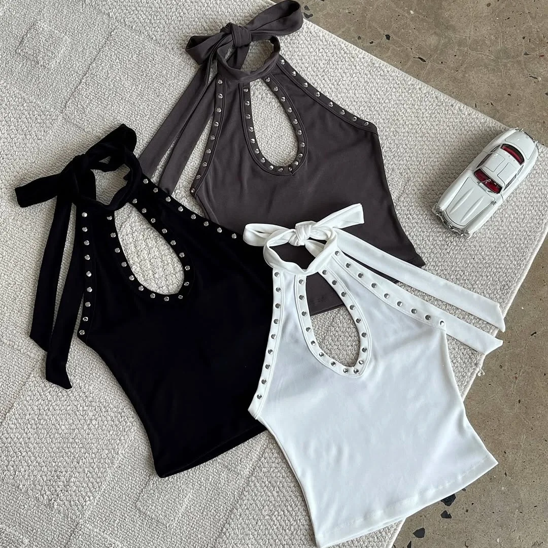 Women Gothic Halter Tank Top Rivet Decor Cut Out Front Tie Back Sleeveless Vest Slim Y2K Punk Streetwear Crop Tops