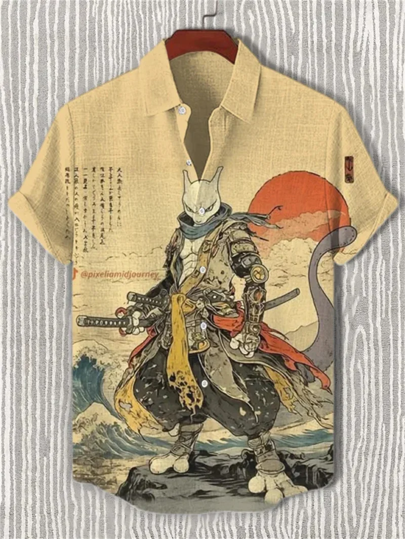 เสื้อเชิ้ตผ้าลินินแขนสั้นลายลิง 3 มิติ สไตล์ฮาวาย สำหรับผู้ชาย แฟชั่นฤดูร้อน เสื้อเชิ้ตแขนสั้นลำลองสำหรับผู้ชาย