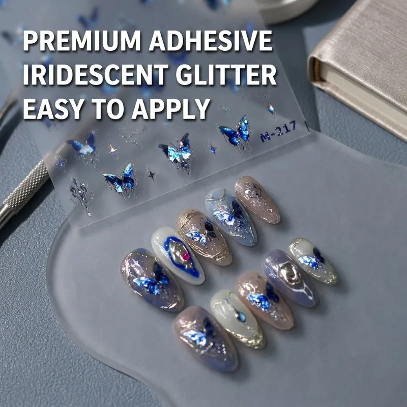 Iridescent Fairy Blue Butterfly Design M-217 Cold Broken Style Butterfly Crystal Diamond Nail Art Decoration Nail Sticker
