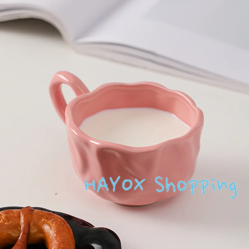 Creative Hand-held Irregular Shape Coffee Cup and Saucer Set，pink Black Color Contrast Office Mug，high-quality Ceramic Tableware