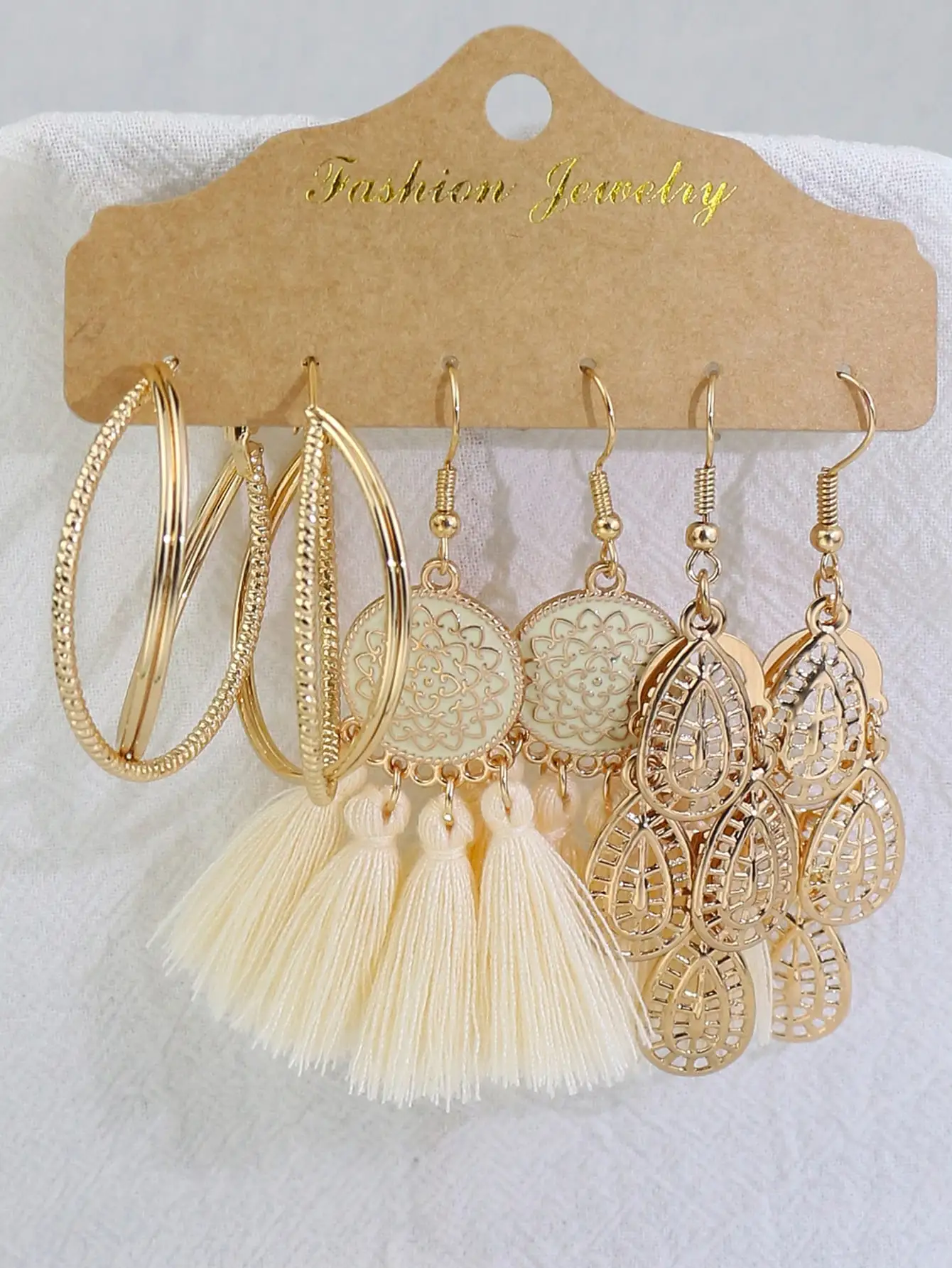 Trendy Versatile Golden Circle Fashionable White Tassel Shell Earrings&Earstuds Combination For Women to Wear Little Fresh