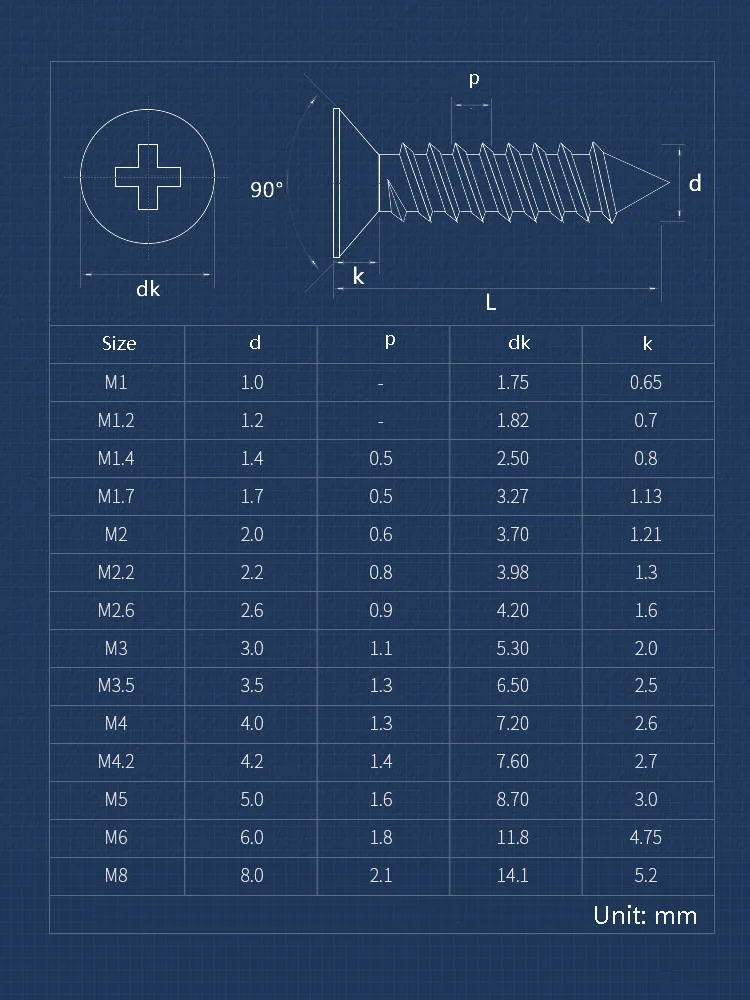 M1 M1.2 M1.4 M1.7 M2 M2.2 M2.6 100-250pcs Phillips Flat Head Self-tapping Screw A2Stainless Steel Countersunk Heads Cross Screws