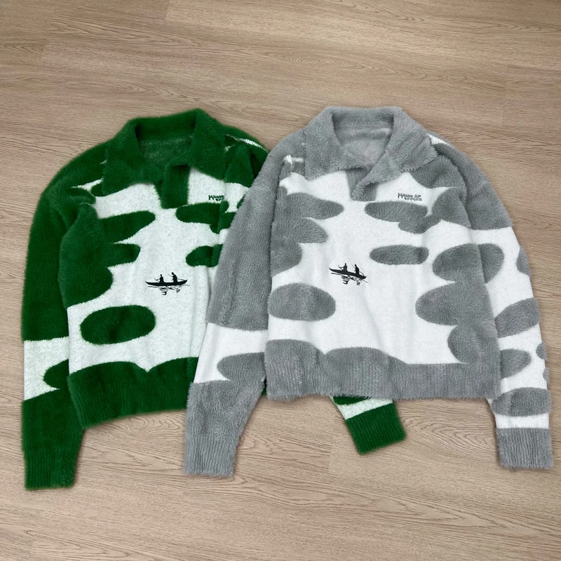 Streetwear Trend House of Errors Sweater Casual Loose Jacquard Lapel Long Sleeve Men Women Knitwear Pullover