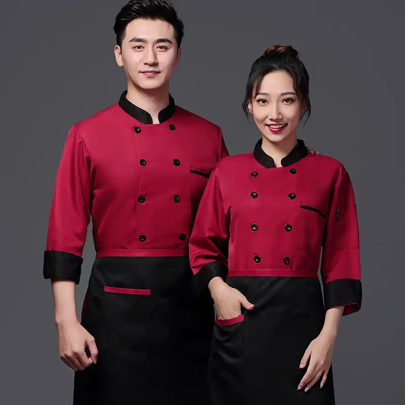 Rot Unisex chef uniform Logo Langarm restaurant Jacke Bäckerei Lebensmittel Service Atmungs Chef Mantel neue Kochen kleidung Schürze