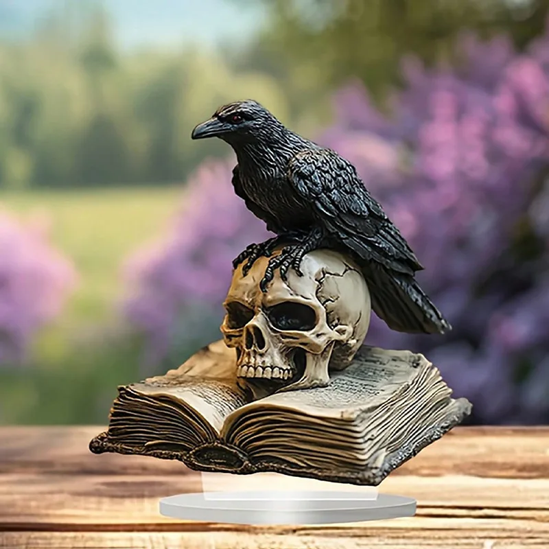 Bohemian Style Raven on Skull Decorative Figurine - Multipurpose Acrylic Crow Statue for Home, Office, or Café Display, No Text,