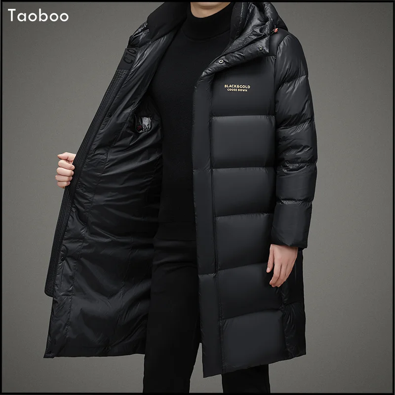 Taoboo-Jaqueta casual masculina com capuz longo, Parkas grossos e quentes, outwear acolchoado masculino, dourado e preto, luxo dos EUA, ganso baixo,