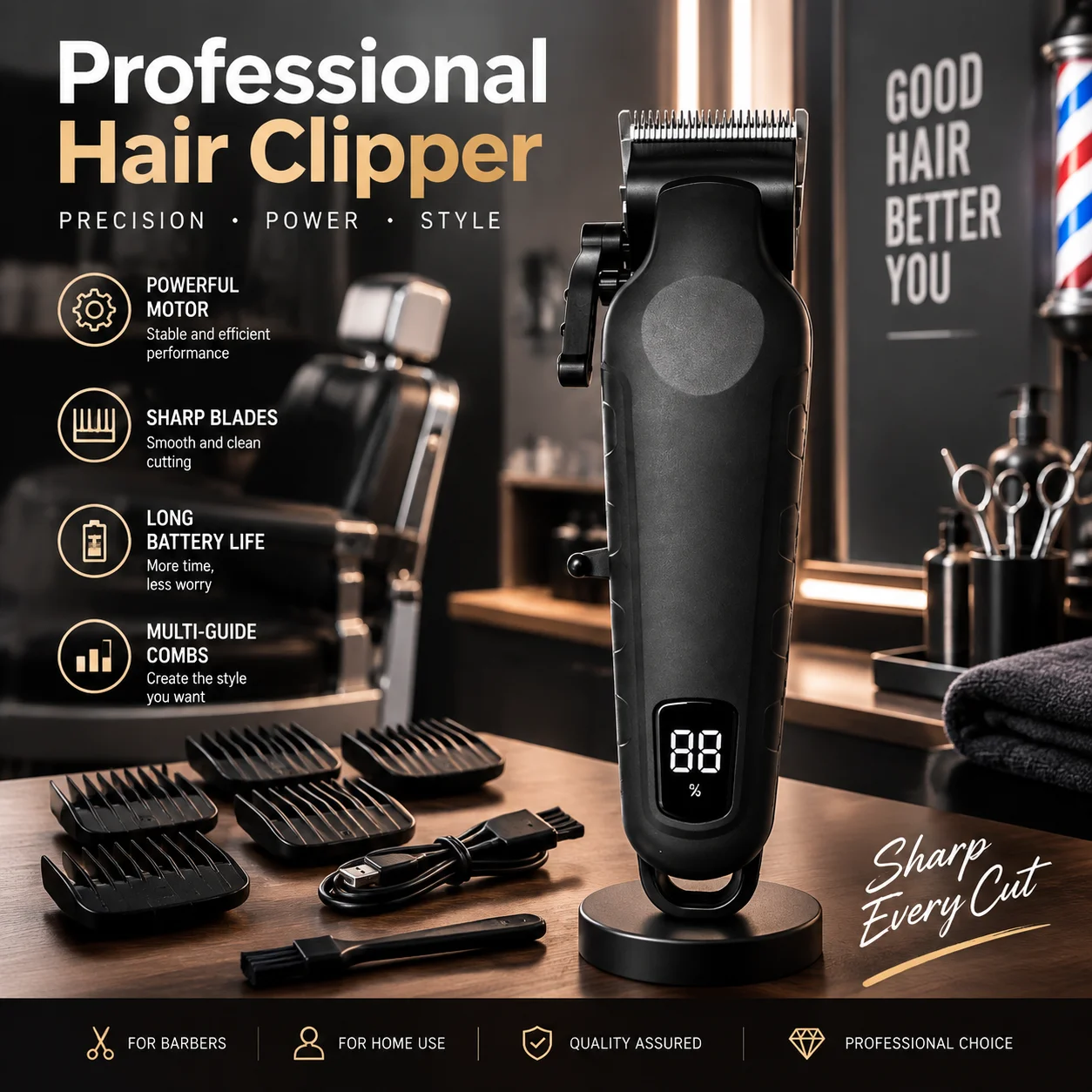 Electric Hair Clipper, Home Self-Service Hair Cutting Tool, Men's Hair Trimmer, Family Hair Clipper, Portable Electric Clipper, Type-C Charging, Led Digital Display of Battery Percentage, Equipped with 4 Guide Combs, 1.5Mm/3Mm/4.5Mm/6Mm Multi-Length Options, Three-Level Blade Adjustment, Easy to Use, Suitable for Daily Hair Trimming for Men and Adults, Easy to Trim Hair at Home