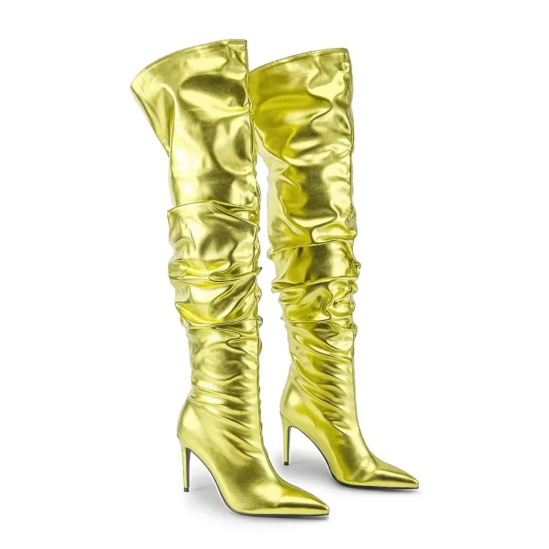 European and American Style Slim High Heels, Metal Leather Style, Pile of Pleated Knee High Boots, Pointed Thigh High Boots