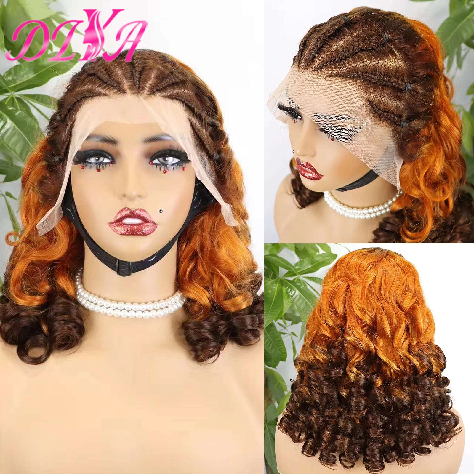 Fumi Loose Wave Human Hair Wig with Braids 18 Inches 4/350/4 Colored Bouncy Curly Hair Wig for Black Women 13x4 Lace Frontal Wig