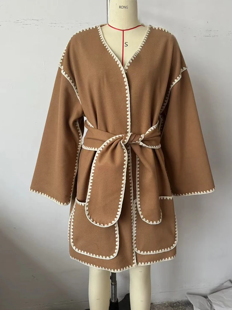 HH Women's Autumn Fashion Versatile V-neck Shell Craft Belt Woolen Jacket Female Temperament High Street Casual Pockets Coat