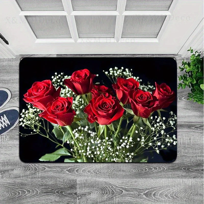 Rose bouquet theme Flannel-printed floor mats has a non-slip function is suitable for entrances bathroom welcome carpets