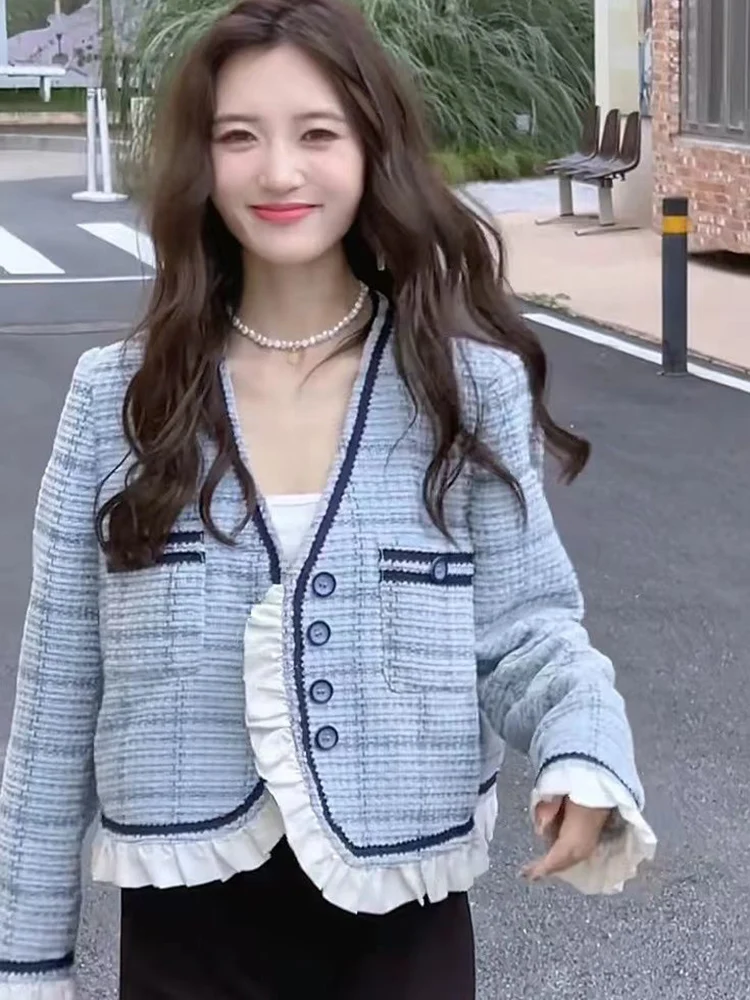 

Sweet Ruffles Plaid Tweed Jacket Women Slim Elegant Patchwork Short Coat Korean Fashion V Neck Long Sleeve Fall Winter Chic Tops