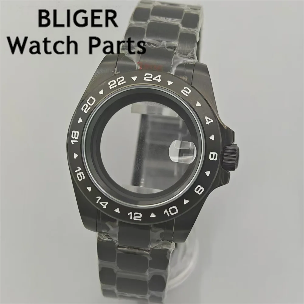 

BLIGER 40mm Black PVD Watch Case Sapphire Glass Fixed Bezel Stainless steel bracelet Fit NH34 NH35 NH36 ETA2824 PT5000 Movement