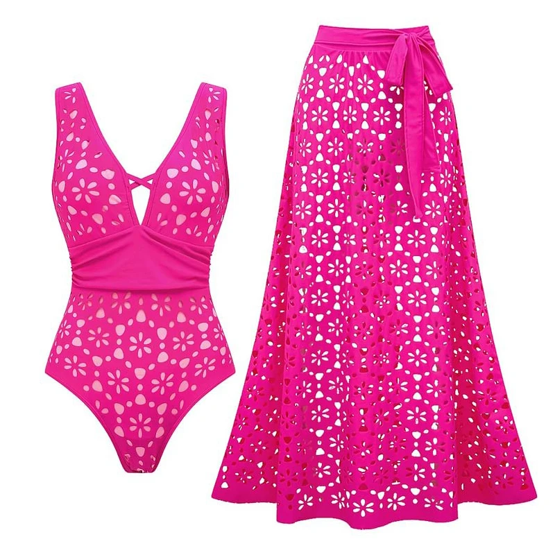 Flaxmaker Women Sexy Hollow Out One Piece Swimsuit and Skirt Summer Deep V Neck Push Up Swimwear Bodysuit Beachwear Biquini