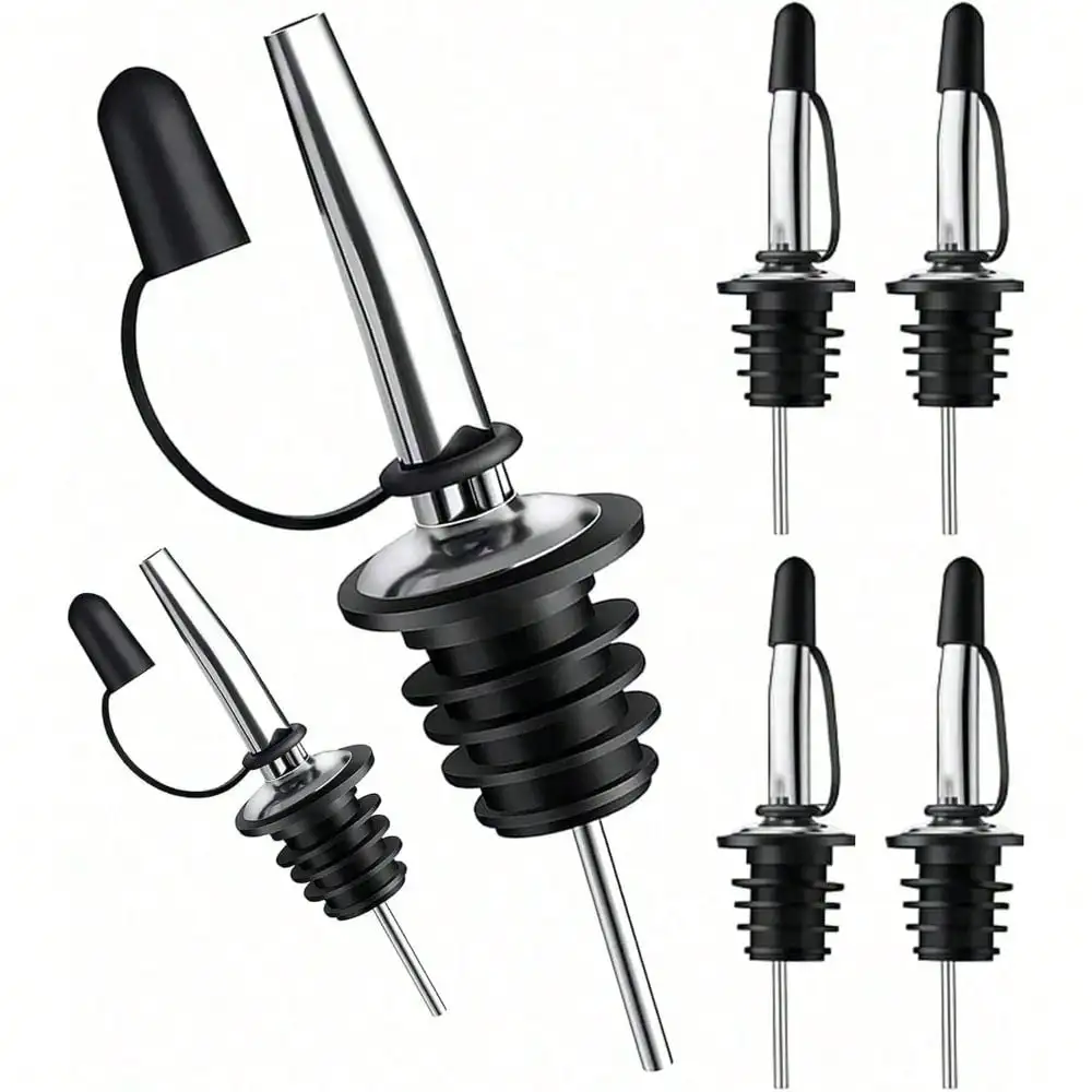 6 Pack Liquor Bottle Pourers, Liquor Pour Spout For Liquor Bottles, Stainless Steel Olive Oil Dispenser Spout, Alcohol Pourer Spouts Dust Caps Covers Fixed, Sliver