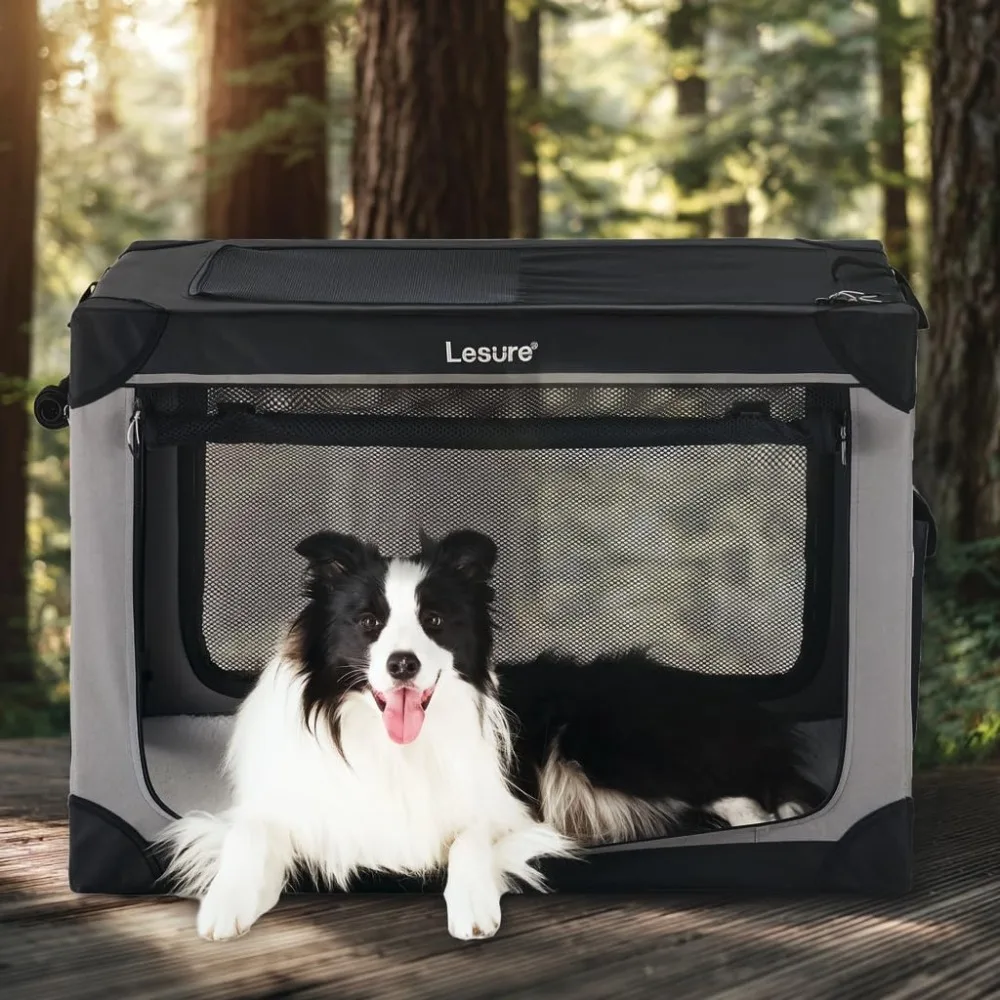 

Lesure Soft Collapsible Dog Crate - 36 Inch Portable Travel Crate for Large Dogs Indoor & Outdoor, 4-Door Foldable Pet Kennel wi