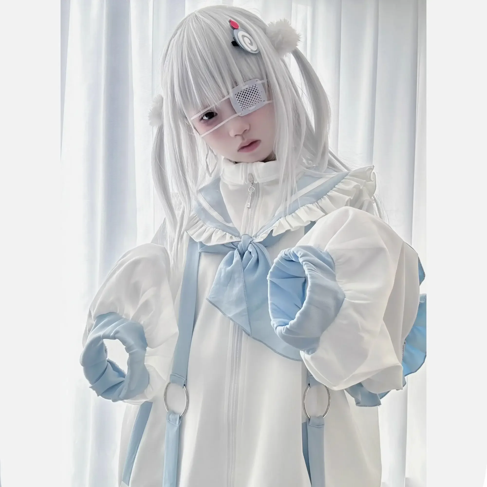 Japanese Y2k Aesthetic Ruffl Zipper Sweatshirt Kawaii Hoodies Women Wings Patch Salior Collar Grunge Loose Hoody Top Leg Warmer