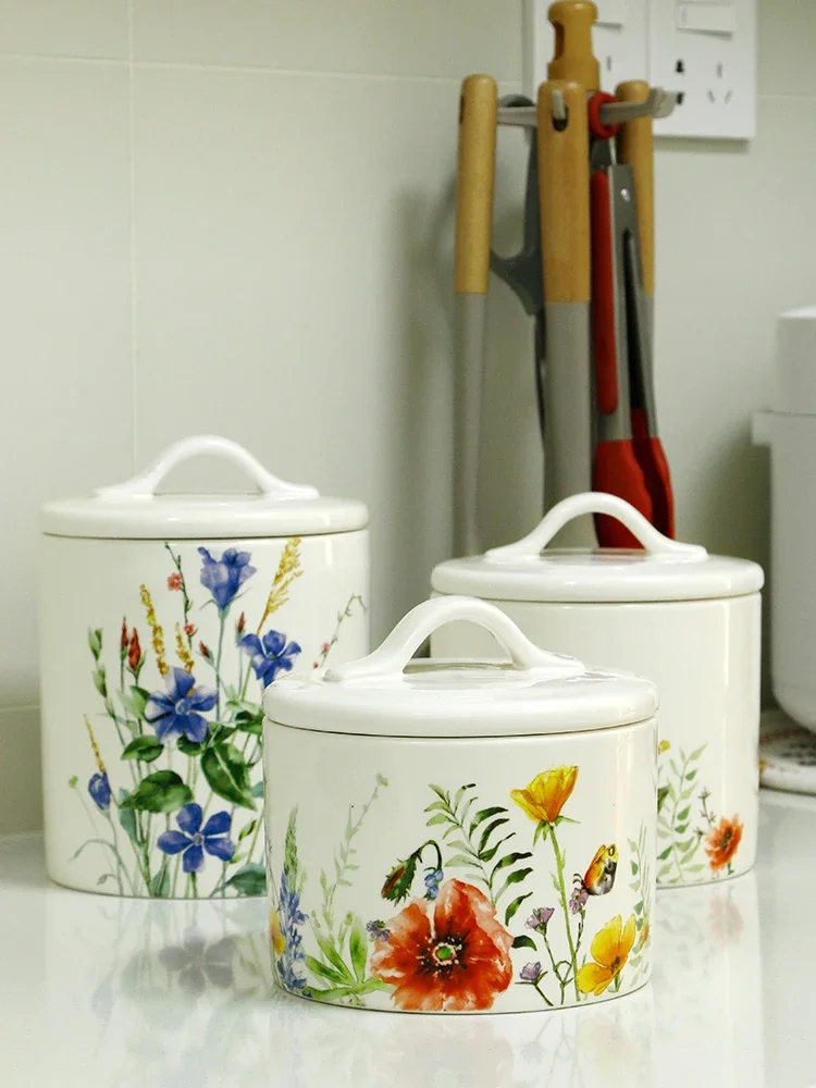 

Small fresh sealed tank creative storage snacks ceramic jar grain storage tank pastoral flowers