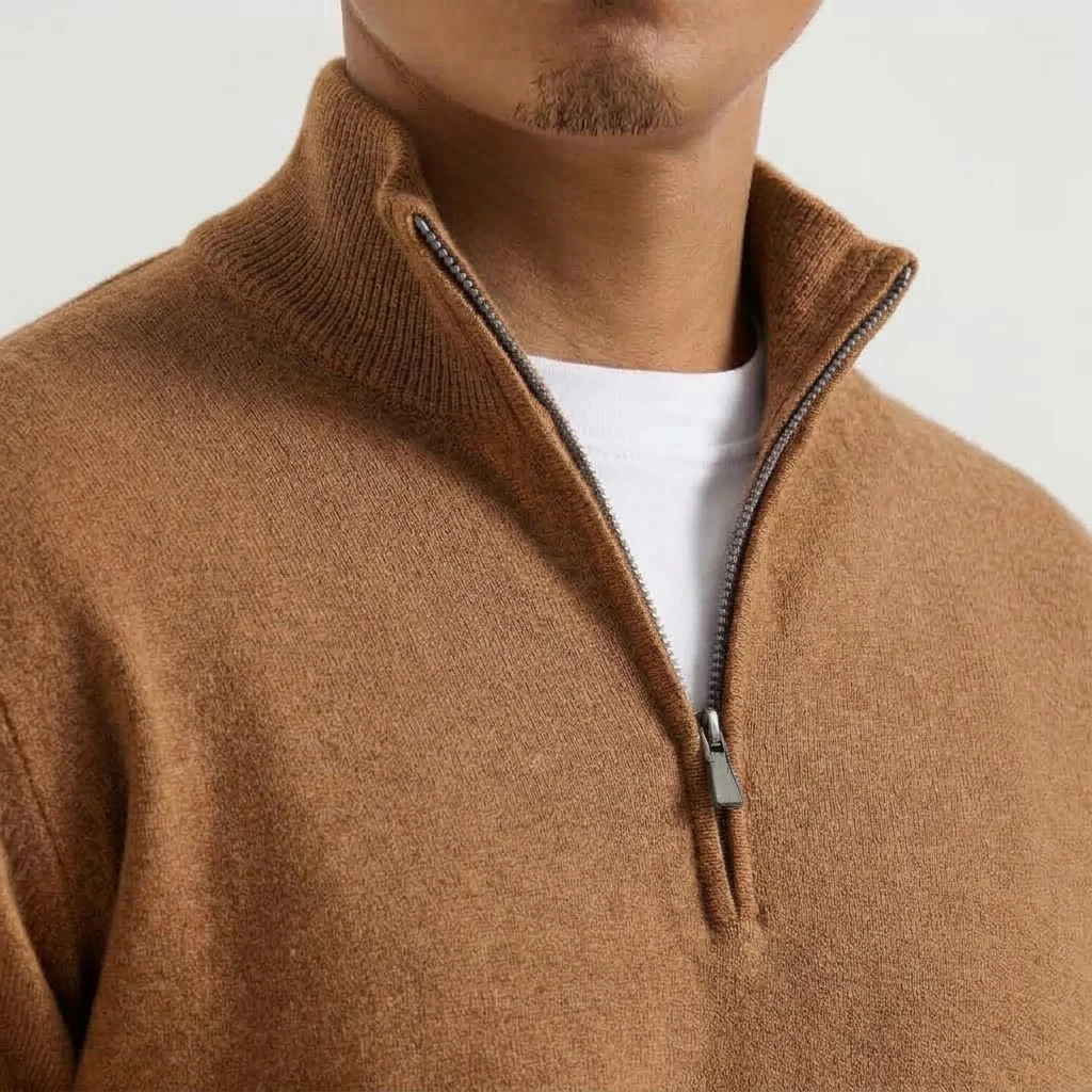 Neuer Herren-Strickpullover mit Reißverschluss, lässiger Stehkragen-Pullover, warmer Langarm-Pullover, einfarbiger Pullover, modischer Winterpullover für Herren – Detail 15