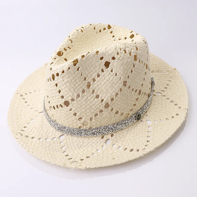 Wide Brim Sun Hats Carving Flower Pattern Panama Hat Ivory Crystal Band Men Hat Summer Women Hat Vacation Derby Beach Hat