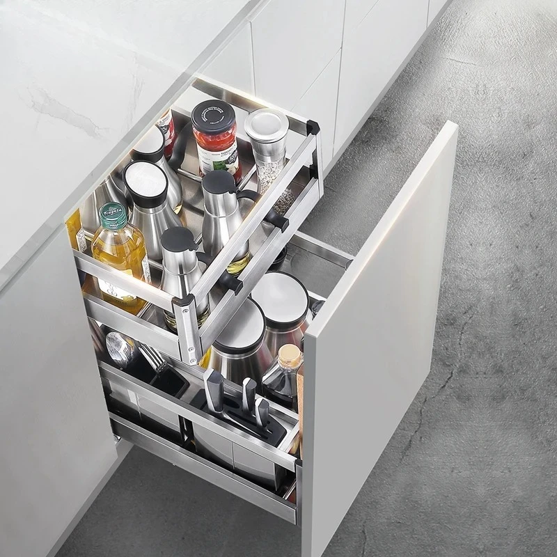Seasoning Pull Out Basket Kitchen Kitchen Cabinet 304 Stainless Steel Double Pull Basket