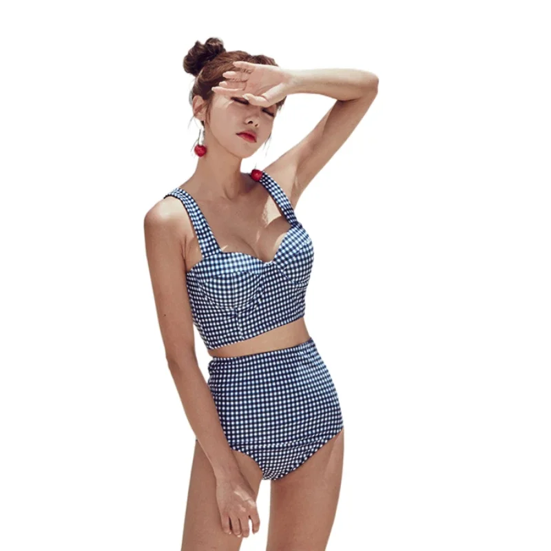 Maillot de bain vintage à carreaux pour femmes, ensemble de bikini féminin, à lacets, avec nœud, sexy, lingerie, taille haute, fendu