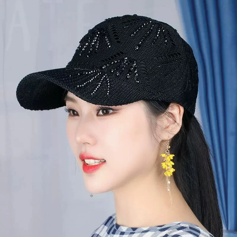Women’s Rhinestone-embellished Baseball Cap – Summer Knitted Openwork, Versatile and Stylish Sun-protective Cap