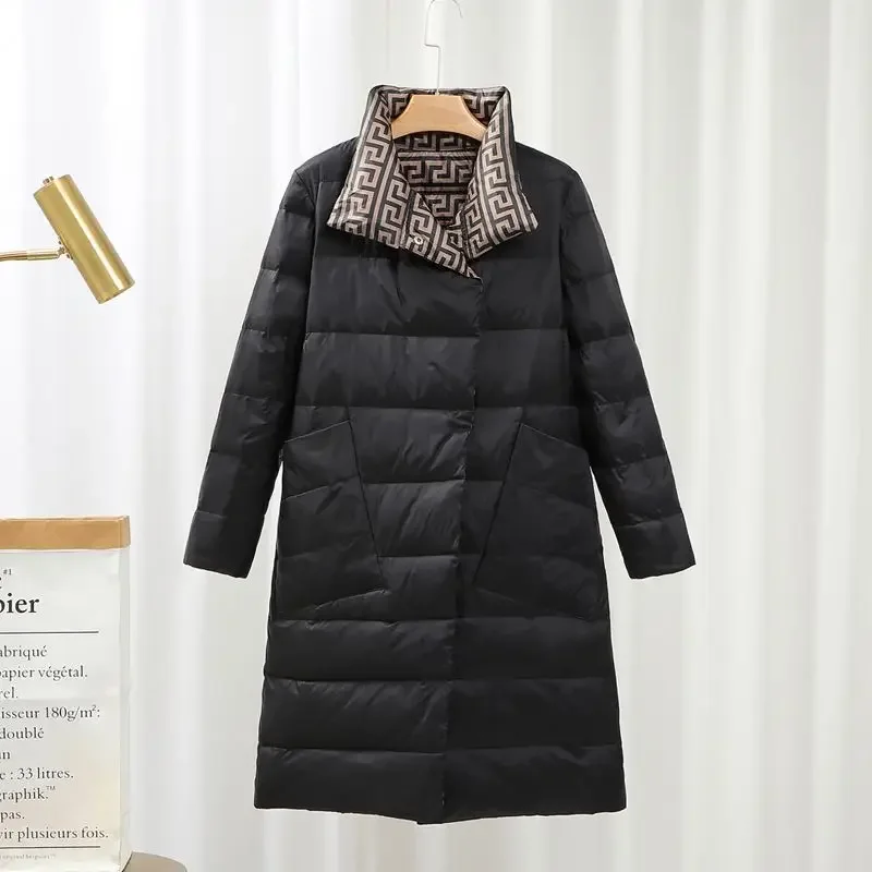 Winter New Style Double-sided Mid-length Down Jacket Casual Women's White Duck Down Jacket Turn-down Collar Coat Woven Long