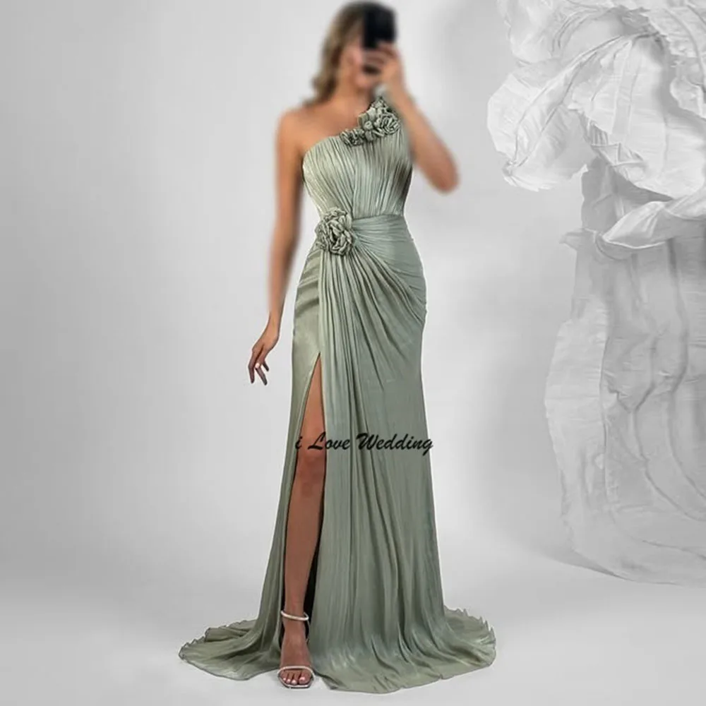 Handmade Flowers One Shoulder Pleated Long Side Split Evening Dress Straight Backless Long Party Gown with Sweep Train Custom - Image 2