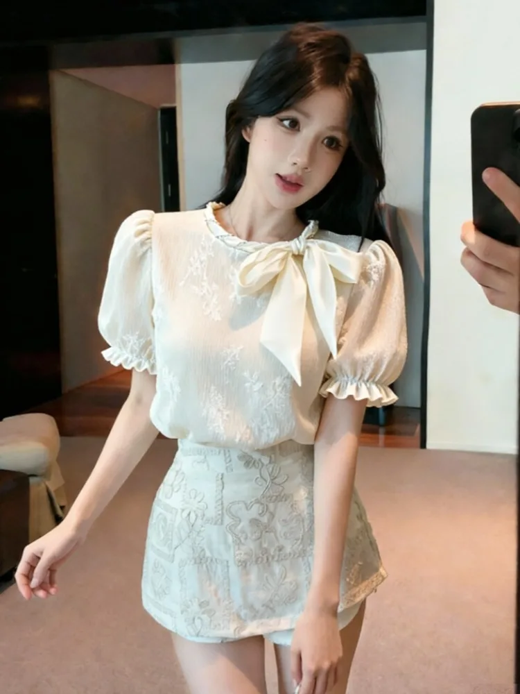 

Elegant Pearl Collar Knot Short Sleeve Shirt Women's Summer Embroidered Bodycon Skirt Set Sweet Style High Waist ...