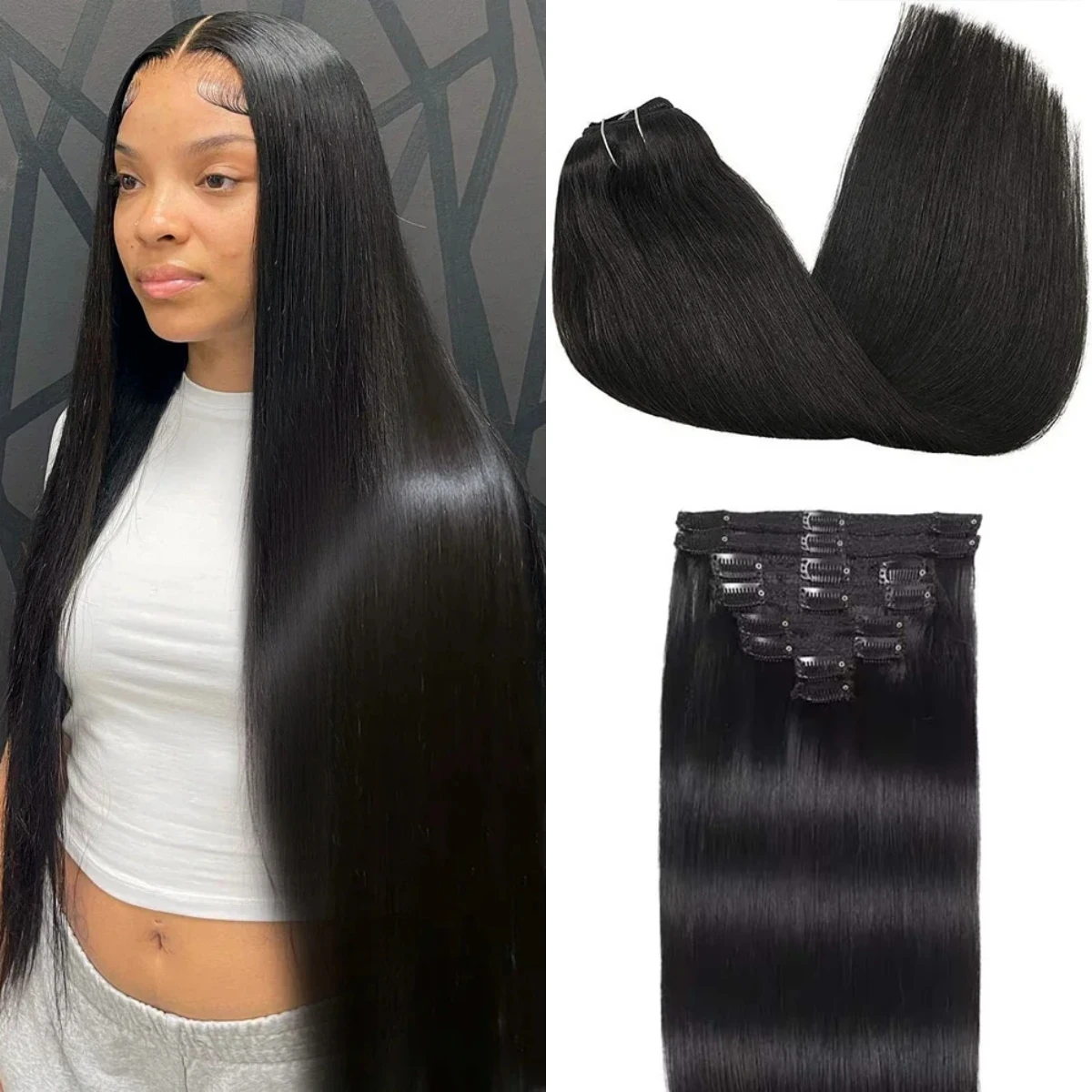 Klip lurus # 1B dalam ekstensi rambut 120g/set pakan ganda rambut manusia Virgin Brasil klip rambut hitam Remy warna alami