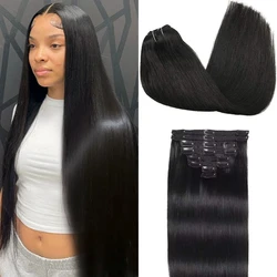 #1B Straight Clip In Hair Extensions 120g/Set Double Weft Brazilian Virgin Human Hair Jet Black Remy Hair Clips Natural Color