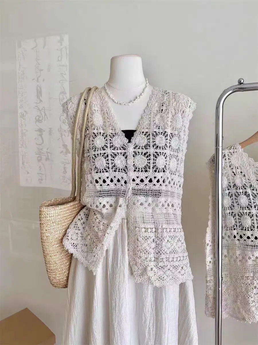 ノースリーブ女性かぎ針編みシャツ韓国ファッション女性フックフラワー中空アウトブラウス V ネックニットベストトップス