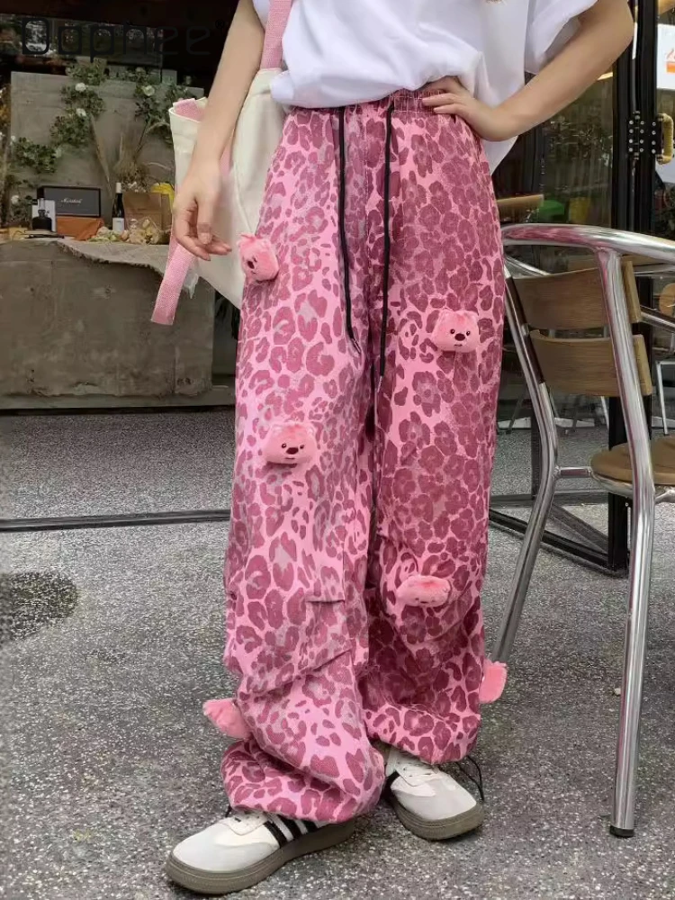 

High Street Straight Pants Women 2024 Summer New American Retro Pink Leopard Print Trendy Cool Hip Hop Wide Leg Pants with Doll