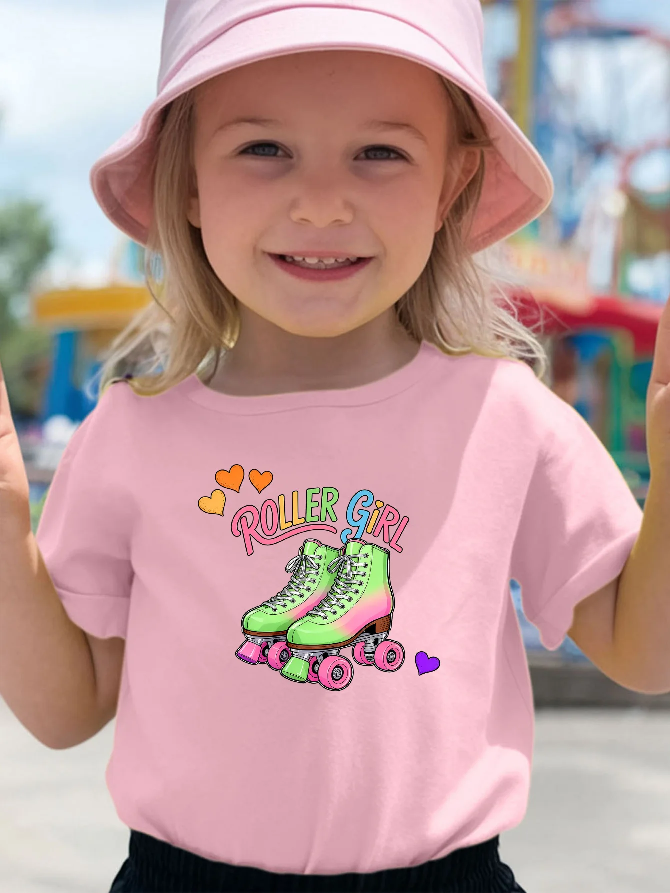 Roller Girl Gradient Skate Heart Pattern Print Kids T Shirt Boys Girls Short Sleeve Cotton Family Matching Toddler Casual Tops
