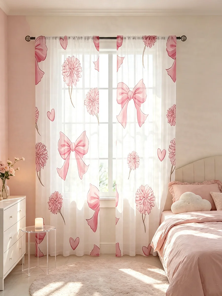 2PCS Digital Print Sheer Curtains Pink Bow Hydrangea Heart Print Sweet Girl A&B Sheer Window Curtains